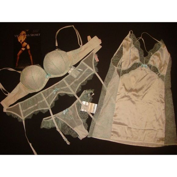 Victoria's Secret 32B BRA SET+garter CORSET+S SLIP Bridal white mint blue I DO